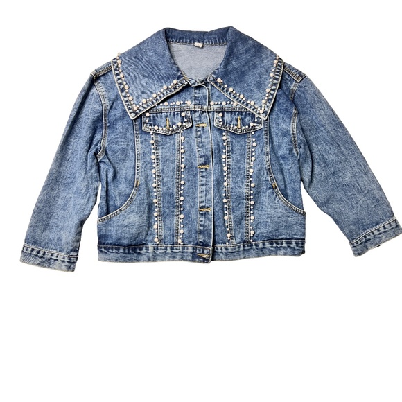 #A002   Pearl Embellished Denim Jacket – Size L – New without Tag - Picture 4 of 14